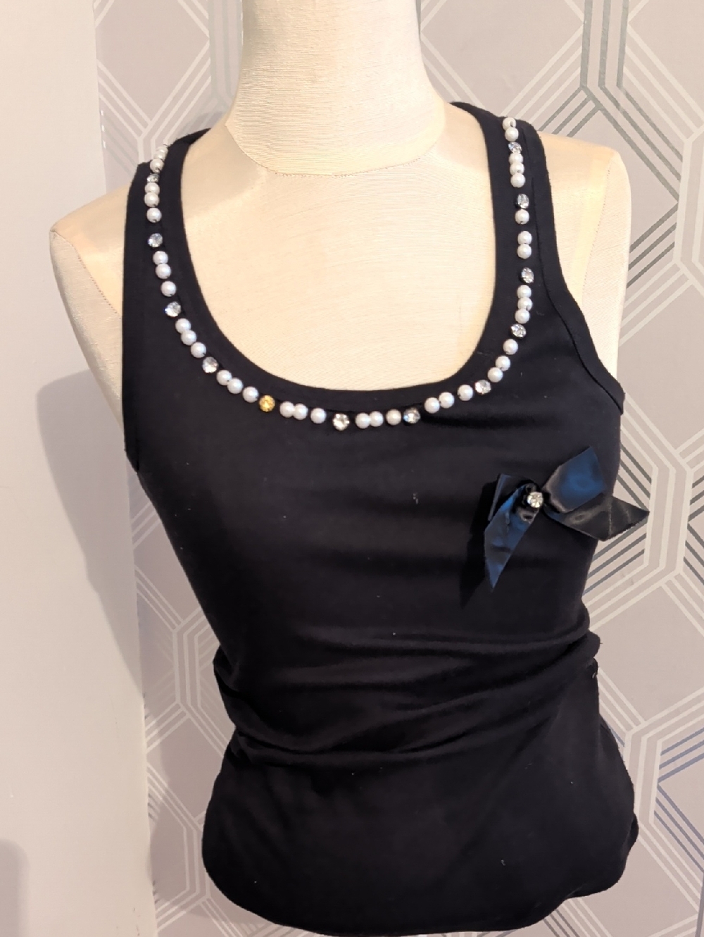 QED London Black Tank Top with Pearl & Rhinestone Trim and Bow